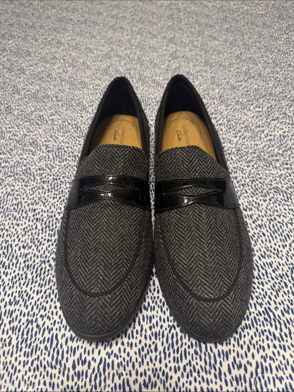 Clarks Gray Herringbone Loafers with Black Patent Strap